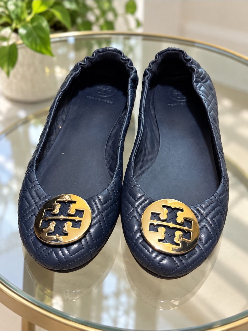 Tory Burch Quilted Navy Leather Logo Ballet Flats with Gold Emblems